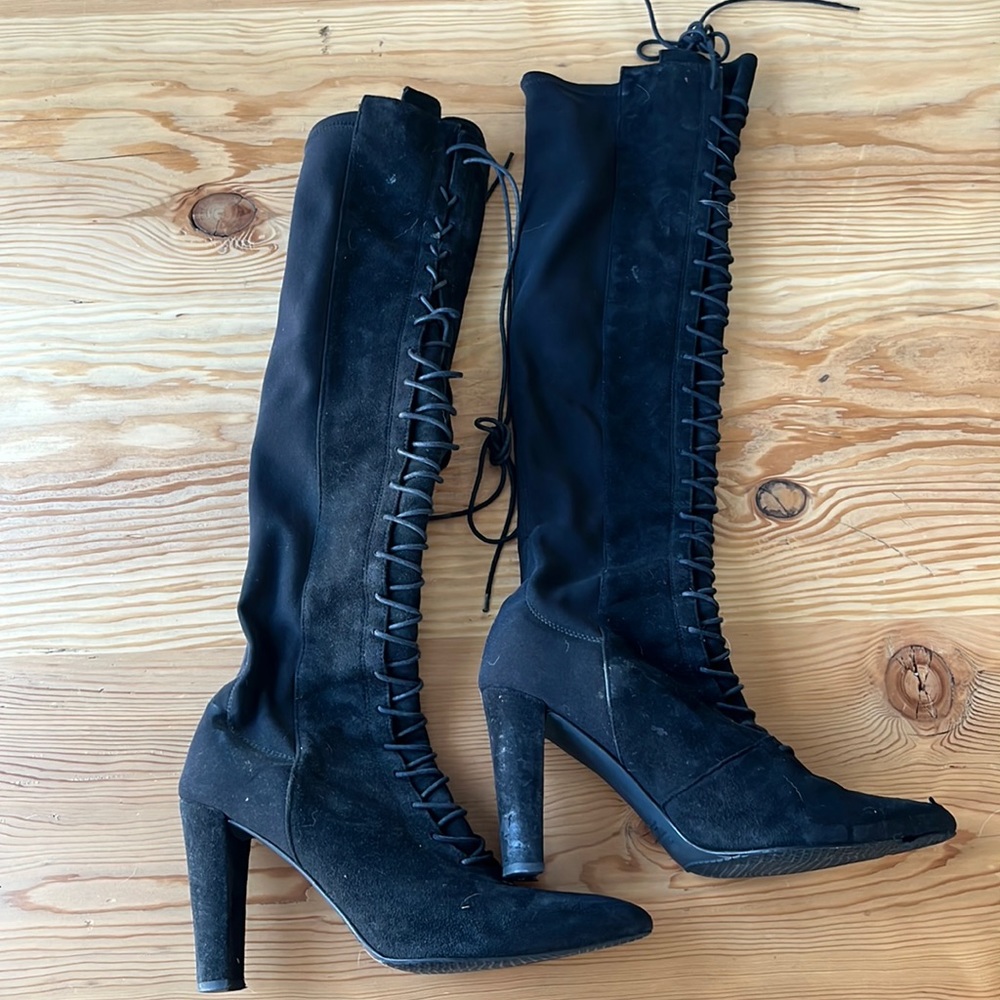 Stuart Weitzman Knee High Black Boots with tie front